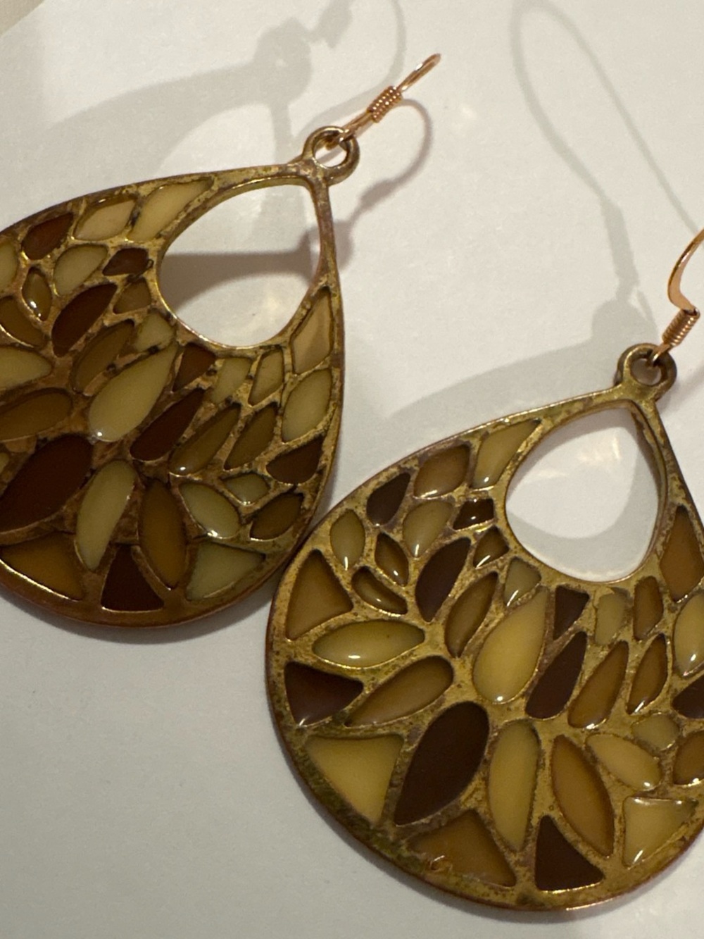 Gold-Tone Yellow Brown Teardrop Filigree Earrings